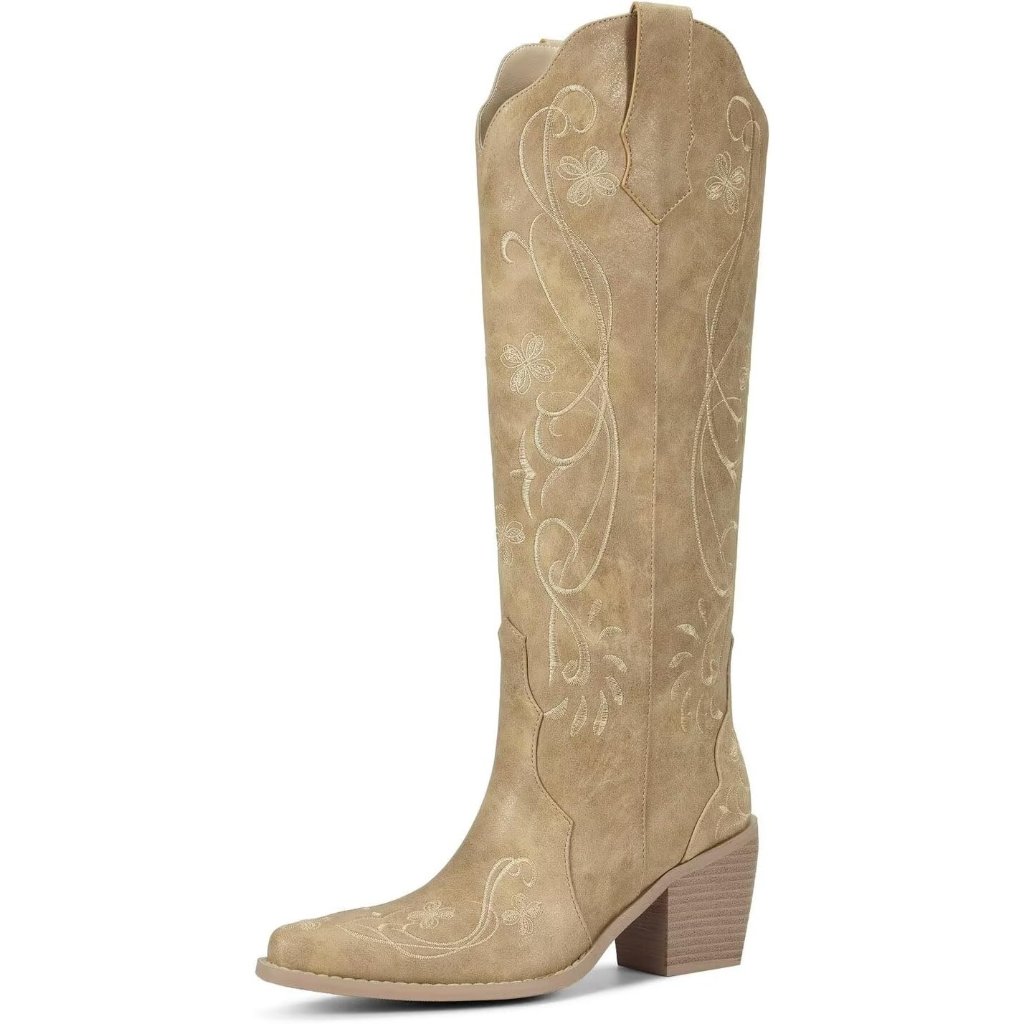 Women Cream Apricot Floral Knee High Cowgirl Boots, Western Boots With Pointed